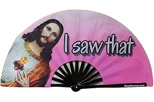 PandaTak Pride Festival Handheld Fan – Large 13" Bamboo Hand Fan Foldable with UV Reactive Ink – Funny Rave Accessory for Parties, Concerts, and Festival Outfits (Jesus - I Saw That)
