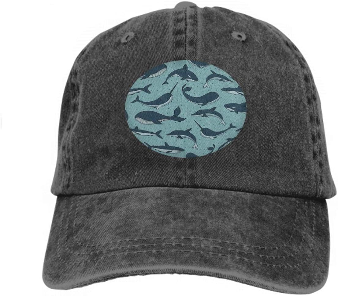 Comfortable Baseball Caps Seamless Pattern Whale Shark narwhal Dolphin Polka dot Blue Black