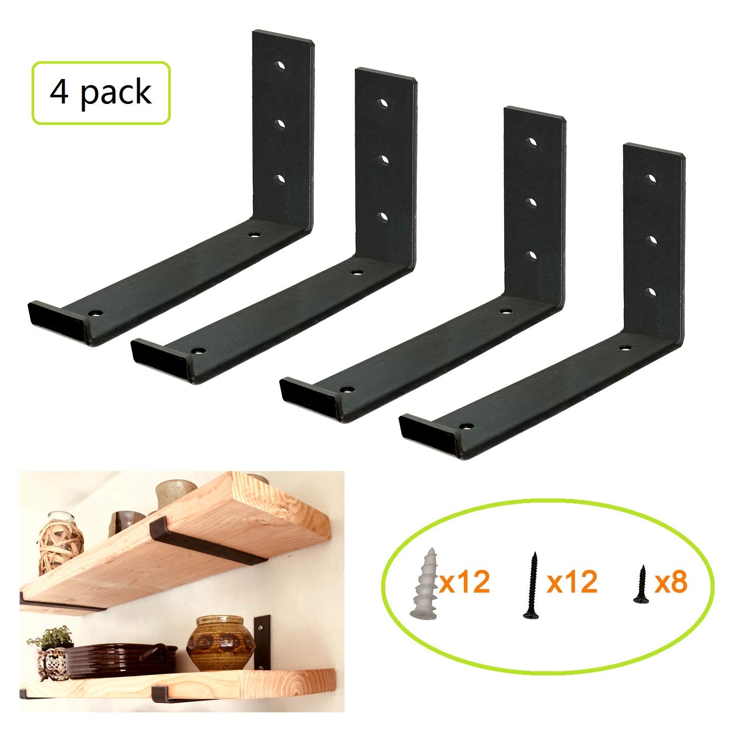 Shelf Brackets 12 Inch for Shelves, Rustic Shelf Supports, Heavy Duty Hook Iron Shelf Brackets