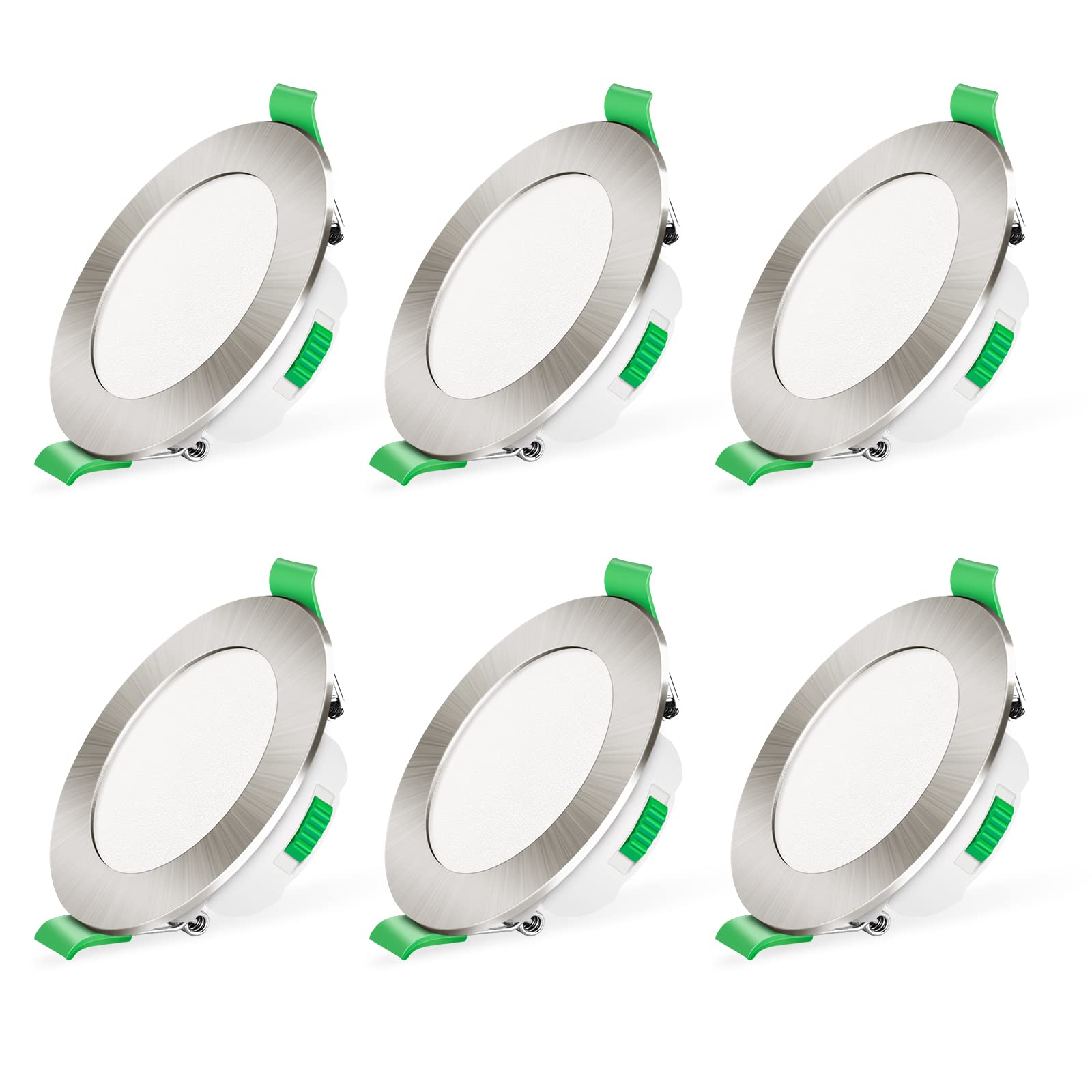 ALUSSO LED Downlights Dimmable 7W IP44 Slim Recessed Ceiling Lights, 3CCT 3000K Warm 4000K Neutral 6500K Cool Adjustable Bathroom Spotlights, Brushed Nickel, 6 Pack