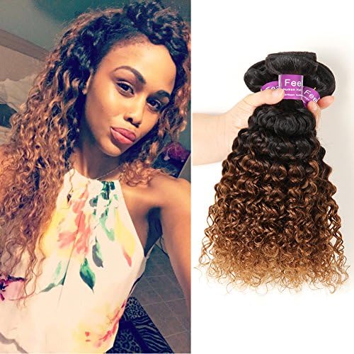 Soft Feel Hair Ombre Kinky Curly Blonde Hair Extensions 3 Bundles, Brazilian Curly Brown Hair Weavings Human Hair Bundles, Tangle Free Neat Thick Soft (10 10 10)