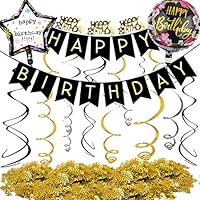 Birthday Party Decorations Supplies Kit with Gold and Black Happy Birthday Glitter Banner Hanging Swirl 200pcs Happy Birthday Confetti 2 pcs Aluminum Mold Balloons