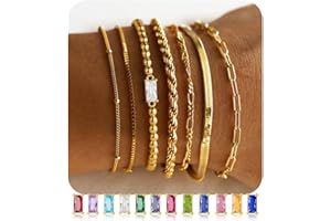 M MOOHAM Gold Birthstone Bracelets Stack for Women - 14K Real Gold Plated Beaded Bracelets Rope Paperclip Chain Stackable Bracelet Non Tarnish, Friendship Birthday Jewelry Gifts for Women Teen