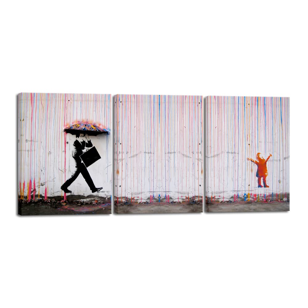Wieco Art 3 Piece Banksy Famous Canvas Paintings Wall Art Raining day Modern Inspirational Grey Love Pictures Print Artwork for Kitchen Home Office Decor