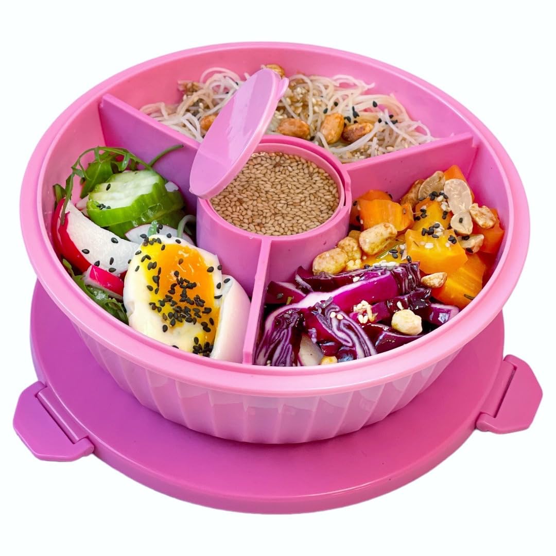 Yumbox Salad Bowl with lid, Poke bowl style, Removable 3-Section Divider, 4.2 Cups, Easy-Open Triple Latches, removable and built-in toppings cup, microwavalbe bowl, bento (Guava Pink)