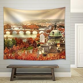 Sunset Landscape View to Charles Bridge on Vltava River in Prague Czech Republic - Fabric Wall Tapestry Home Decor - 51x60 inches
