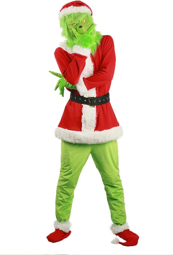 Grinch Disfraz de cosplay verde máscara Santa Hat calcetín conjunto