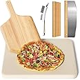 5 PCS Rectangle Pizza Stone Set, 16"Large Pizza Stone for Oven and Grill with Pizza Peel(OAK), Pizza Stone Brush,Pizza Cutter & 10pcs Cooking Paper for Free, Baking Stone for Pizza, Bread,BBQ