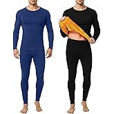 Patelai 2 Pack Mens Thermal Underwear Set Fleece Lined Underwear Shirt and Pants Set Base Layer Top and Bottom Cold Weather