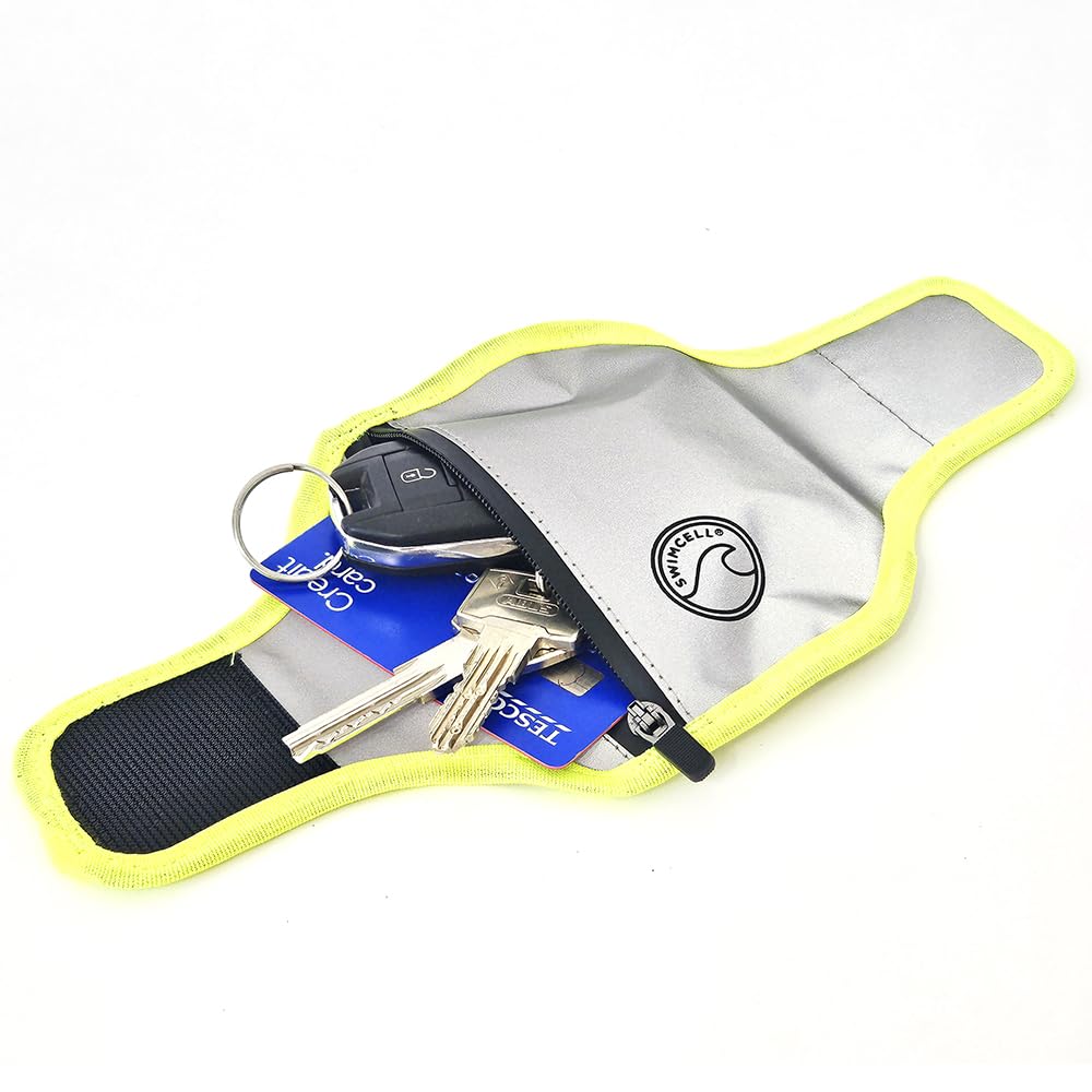 SwimCell Reflective Wrist/Ankle Wallet With Zip Pouch - Hi Vis Reflective Running Gear - Running Wrist/Ankle Pouch For Keys, Cards - Sweatproof Key Holder - Light Activated Reflective Armband