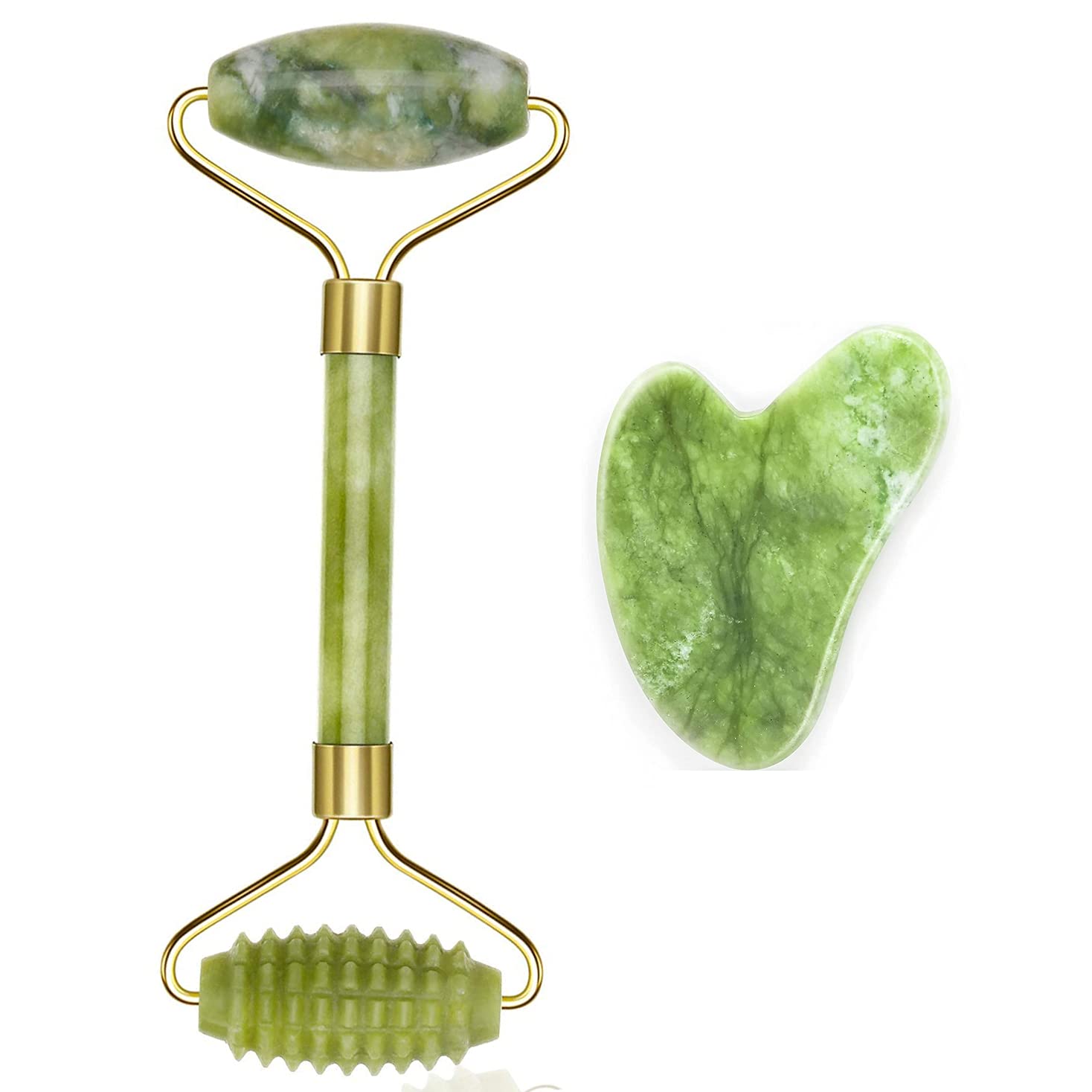 Jade Roller, Gua Sha Massage Set, Face Roller For Eye Puffiness Treatment, Skin Tightening, Rejuvenate & Neck, Natural Green Slimming Stone Anti-Aging Body Neck Lymphatic Drainage Tool Reduce Wrinkles