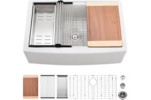 33 Inch Fireclay Farmhouse Sink Workstation-VASOYO 33x21 Farmhouse Kitchen Sink Apron Front Farm Sink White Ceramic Porcelain Single Bowl Deep Kitchen Sink Curved Front Farmer Sink with Cutting Board