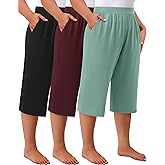 Huukeay 3 Pack Women's Plus Size Capri Pants Loose Fit Wide Leg Capris Sweatpants Summer High Waisted Yoga Pants with Pockets