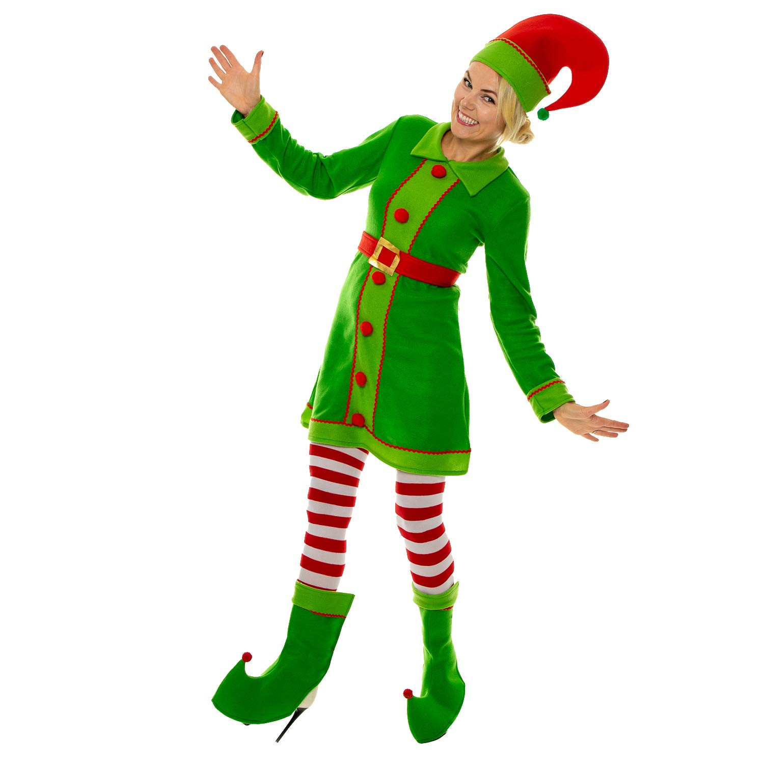 SoWest Ladies 5-Piece Elf Costume – Women’s Christmas Outfit with Dress, Belt, Tights, Boot Covers & Hat | Adult Santa’s Helper Festive Costumes for Xmas Parties, Cosplay & Holiday Events - L