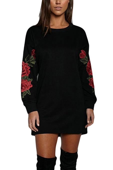 Damen Pullover Sweatshirts Lange Ärmel Pullover Floral Bestickten Tunika Kleid Mini Pulli T-Shirt Kleider Streetwear