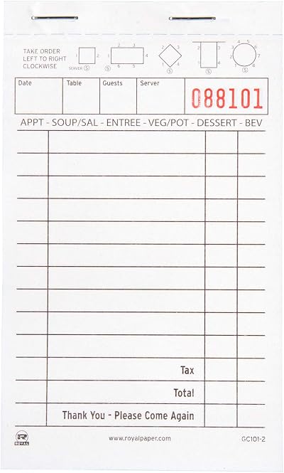 Royal White 2 Part Carbonless Order Pads 10 Books Restaurant Staff Communication