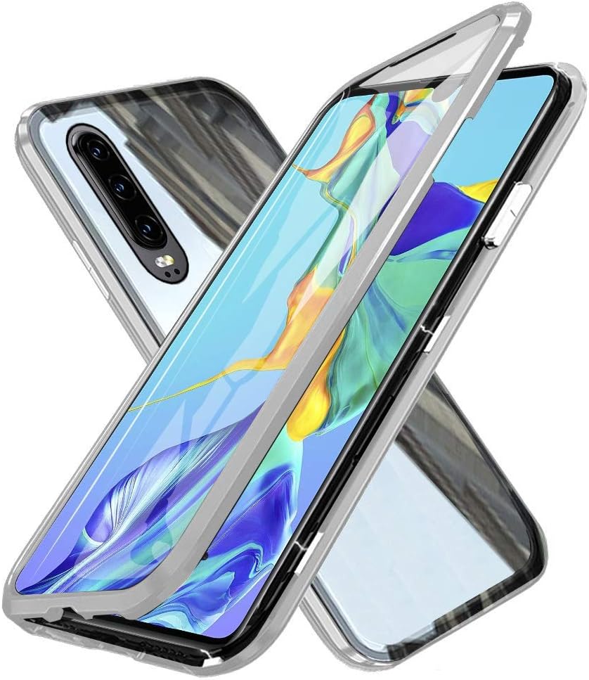 Fvntuey Compatible with Huawei P30 Lite/Nova 4e [Magnetic Adsorption Case] Metal Frame Clear Slim Fit [Ultra-Thin] Shell Tempered Glass Double Cover 360° Bumper Lightweight Cover for P30 Lite(Silver)