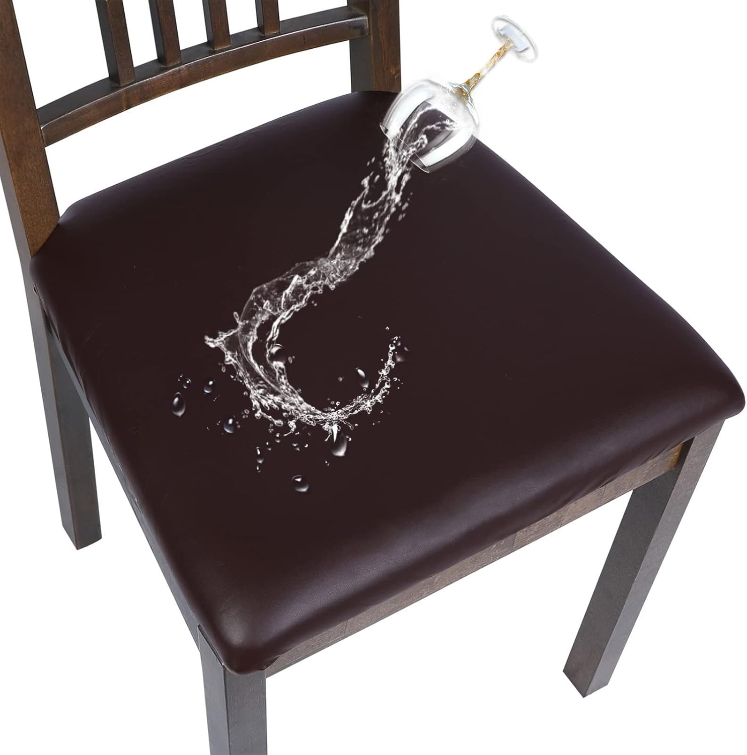 Slipcovers - SearchI Waterproof Seat Covers for Dining Chairs, 6 Pack Stretchable PU Leather Dining Room Chair Seat Covers, Kitchen Chair Seat Covers Protectors(Brown,PU Leather)