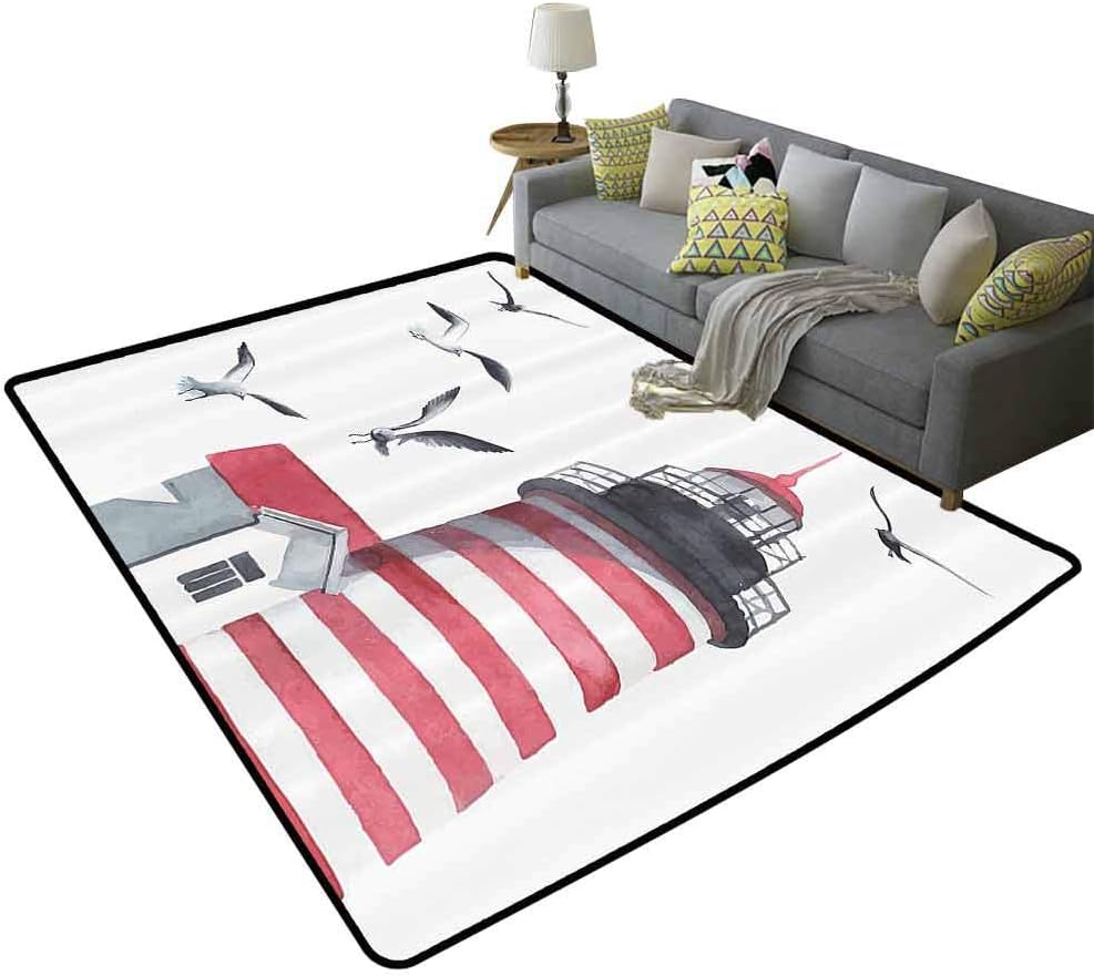 Apartment Decor Modern Rug Lighthouse and Seagulls On The Beach Navigational Aid On Seaside Waterways Art Super Absorbent mud Pink Grey White, 6'x 9'(180x270cm)
