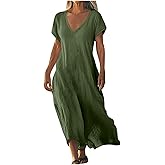 Sblioda Linen Dresses for Women 2026 Summer Short Sleeve V Neck Shift Maxi Dress Comfy Flowy Swing A Line Beach Sundress