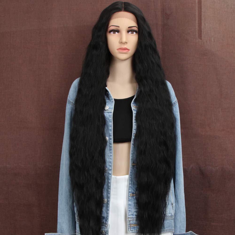 Style Icon 40 inch Super Long Wavy Lace Front Wigs for Women T Part Lace Long Black Curly Wace Synthetic Heat Resistant Fiber