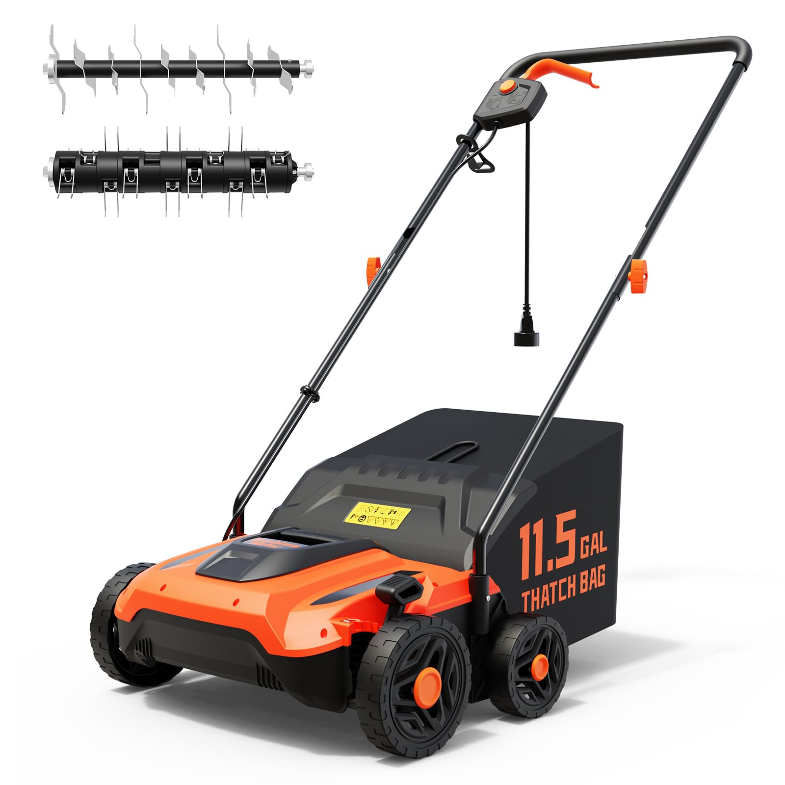 TIECTOWN 14-Inch 13.5 Amp 2-in-1 Electric Dethatcher and Scarifier with 11.5-Gallon Collection Bag, Lawn Dethatcher with 5-Position Depth Adjustment, Blade Replacement Without Tool - Vivid Orange Image