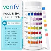 Varify 7in1 Pool Test Strips 150 Hot Tub Test Strips and Spa Test Strips | 150 Strip tests 7 parameter which includes Water Hardness, Free and Total Chlorine, Bromine, pH, Alkalinity and Cyanuric Acid