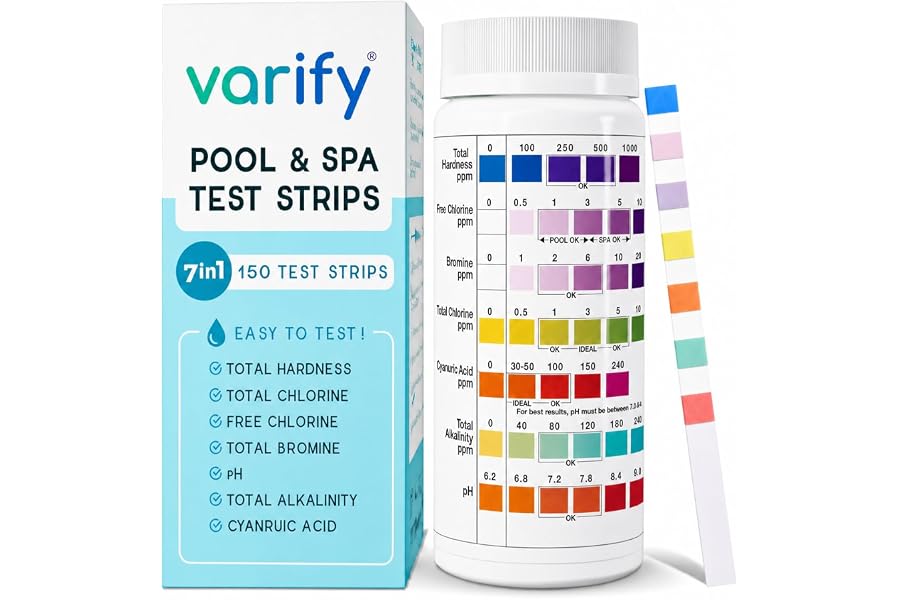 Varify 7 in 1 Pool Test Strips (150 Strips) - Easy to Use Water Testing Kit for Pool, Spa, Hot Tub & More - Tester Strip for Water Hardness, Chlorine, Bromine, pH, Alkalinity and Cyanuric Acid