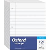 Oxford Filler Paper, 8 x 10-1/2 Inch Wide Ruled Paper, 3 Hole Punch, Loose Leaf Notebook Paper for 3 Ring Binders, 500 sheets (62330), white