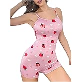 OYOANGLE Women's Floral Print One Piece Sleepwear Spaghetti Strap Overall Cute Pajama Romper