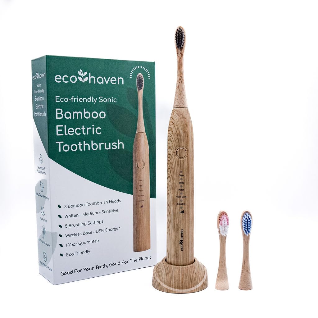 Ecohaven Sustainable Sonic Bamboo Electric Toothbrush – 5/6 Weeks Battery Life - 3 Recyclable Heads – 5 Cleaning Modes – USB Charger – Waterproof Handle - Lightweight - Eco-Friendly