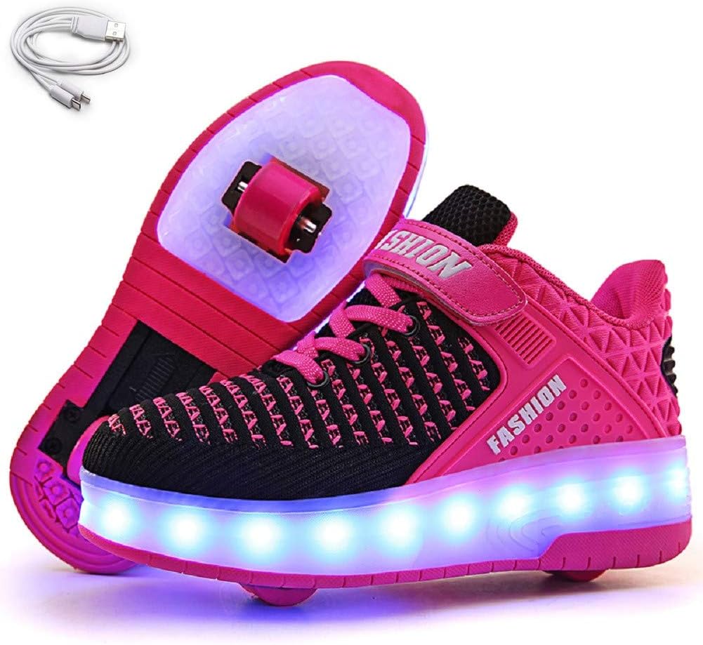 Ehauuo Kids Two Wheels Shoes with Lights Rechargeable Roller Skates Shoes Retractable Wheels Shoes LED Flashing Sneakers for Unisex Girls Boys Beginners Gift