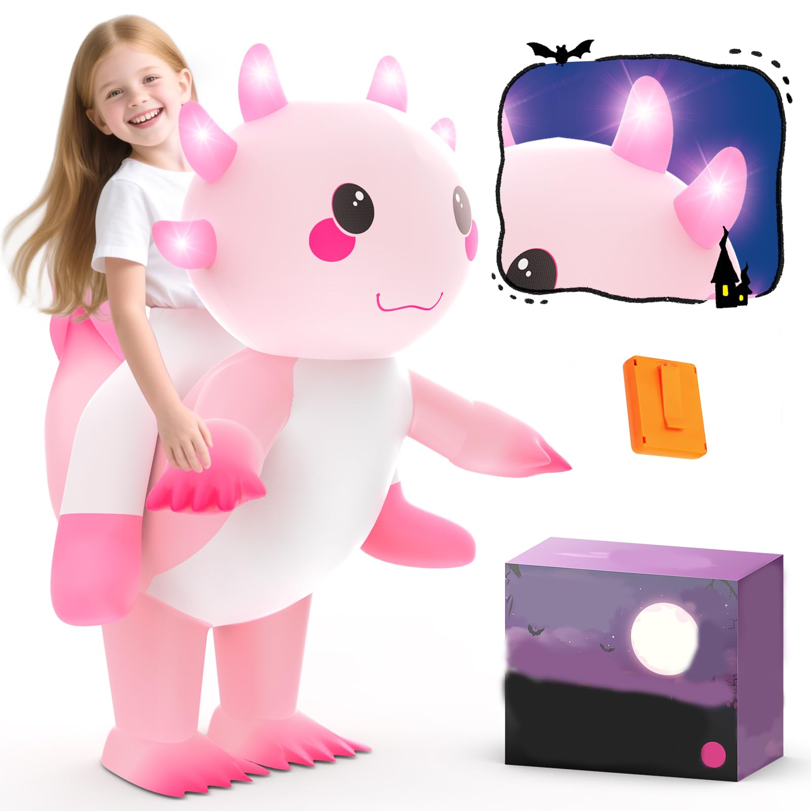Photo 1 of Skirfy Inflatable Costume for kids,Inflatable Axolotl Riding Costume with Lights,Halloween Glow in The Dark Blow up Costume for Girls Boys 6-9