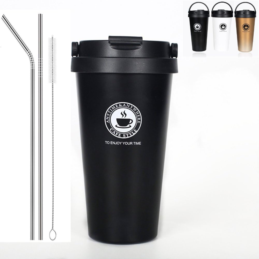 Stainless Steel Insulated Tumbler with Lid and Straws Double Wall Vacuum Cup Coffee Travel Mug for Hot and Cold Drink,17 Oz (black)