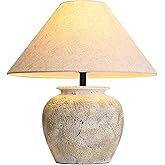 VYORO Farmhouse Table Lamp White Ceramic Lamps Rustic Clay Pot with Fabric Shade Decor for Living Room Bedroom House Bedside 