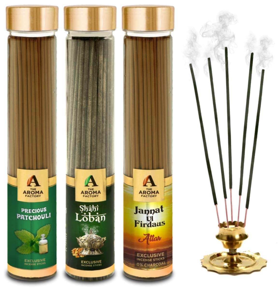The Aroma Factory Organic Incense Sticks (Oudh, Loban, Attar Jannat ul Firdaus) No Charcoal | Non Toxic | Exotic Fragrance | Herbal Aromatic Pooja Agarbatt, 3x100g Jute Gift Set with Wooden Holder