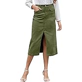 HERBATOMIA Women's Cargo Midi Skirt High Elastic Waist Front Slit Vintage Style Trendy Long Solid Skirts for Women
