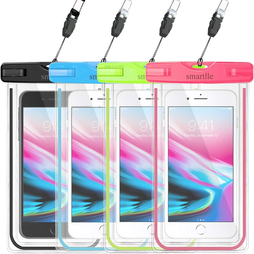 smartlle Universal Waterproof Phone Pouch Holder, Large Phone Waterproof Case Underwater Dry Bag for iPhone 13 12 11 Pro Max XR,XS, 8,7,6 Plus,SE, Galaxy S22/A/Note, LG,7”, Beach Water Pool -4 PACK