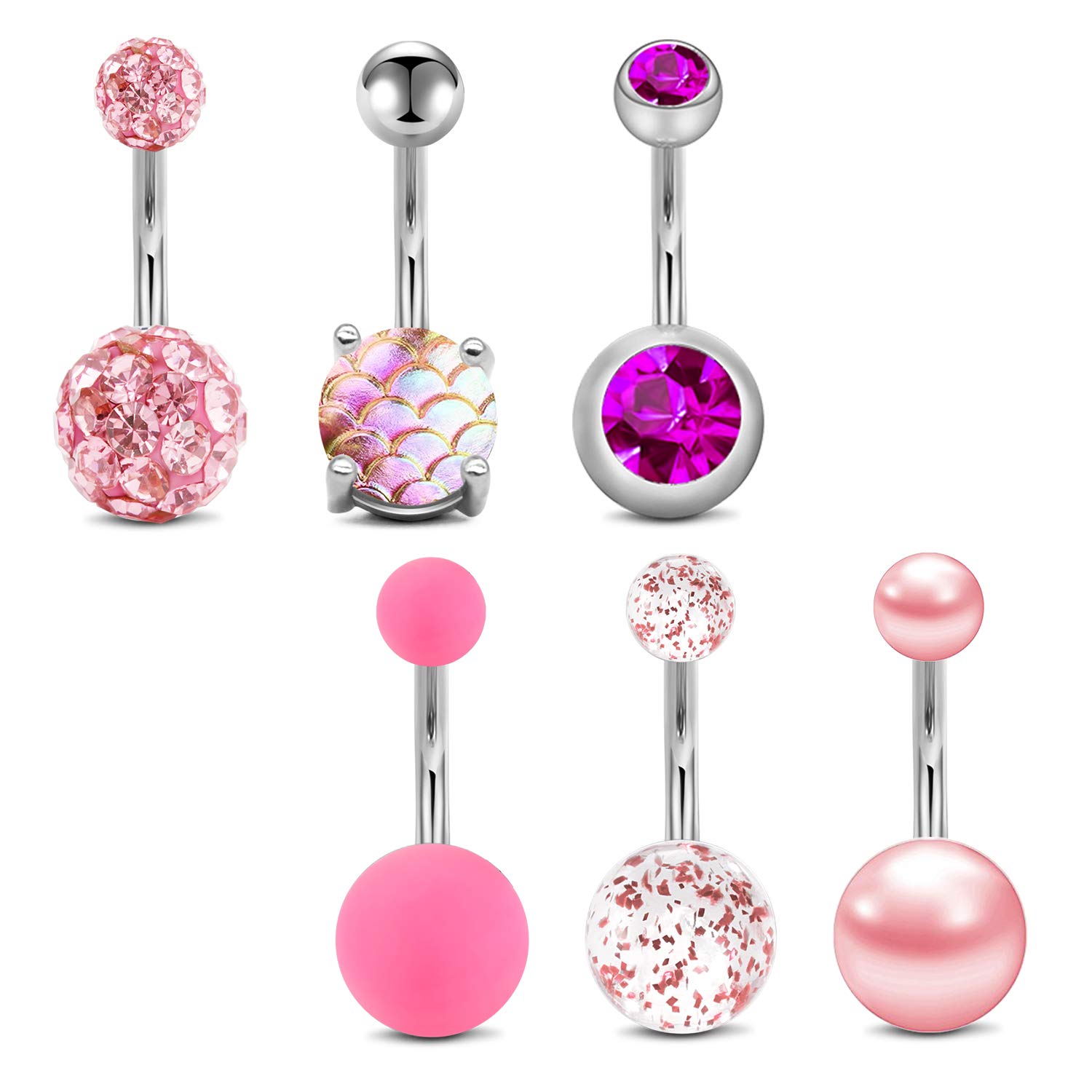Mayhoop 6Pcs Pink Belly Bars Belly Button Rings Stainless Steel Navel Rings 6 Style for Women 14G Body Piercing