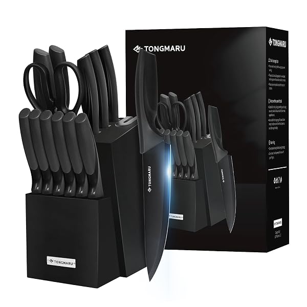 KNIFE SET WITH SHARPENER – 15 PCS HIGH CARBON STAINLESS STEEL KNIVES BLOCK SET, STAINLESS STEEL KNIFE SET, BUILT-IN SHARPENER KITCHEN KNIFE SET, WITH ANTI SLIP AND ERGONOMIC HANDLES (BLACK)