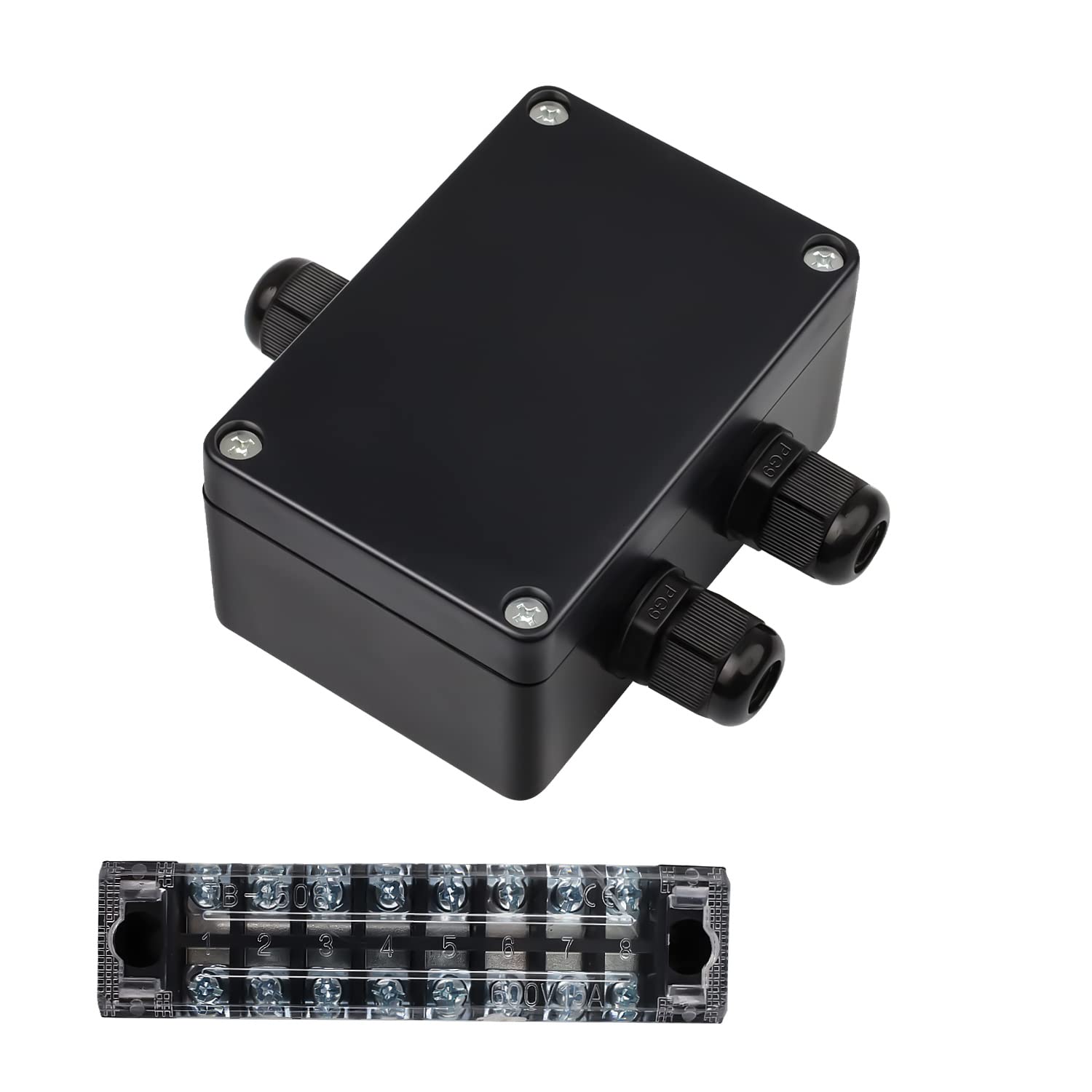 SRJQXH IP66 Waterproof Junction Boxes, 3 Way Cable Connector with Terminals Strip, Screw and PG9 Waterproof Vonnector for Indoor and Outdoor 4-8 mm Cables (Black)