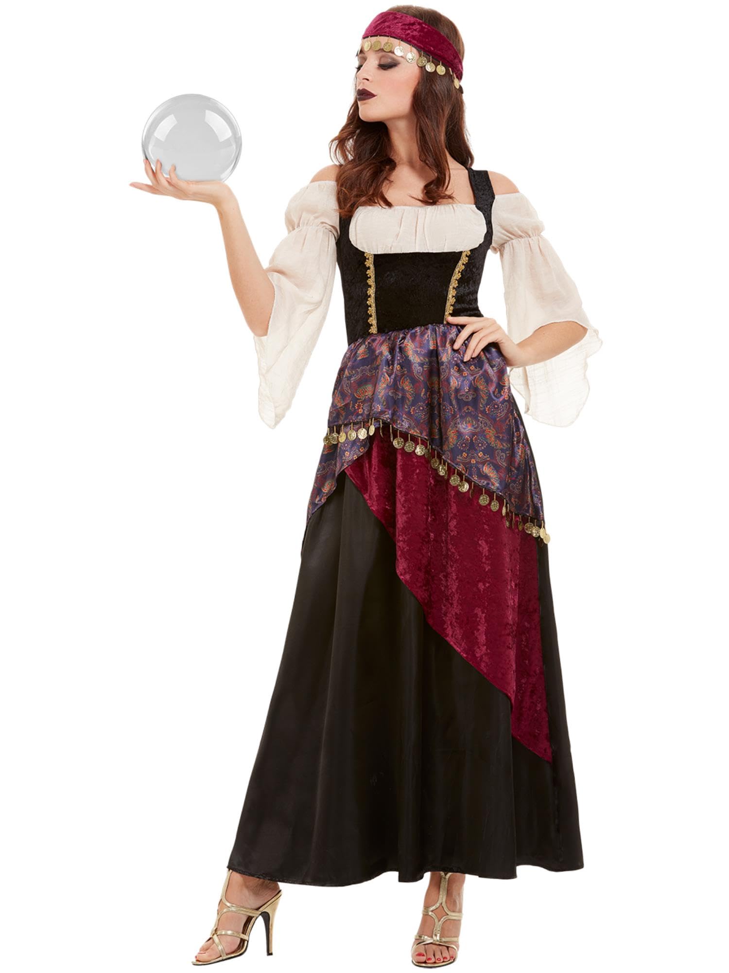 Smiffys Deluxe Fortune Teller Costume, Black with Dress & Headband, Circus Fancy Dress, Adult Dress Up Costumes