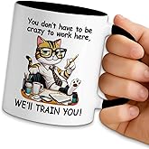 NAHMAKNE Funny Cat Coffee Mug, You Don't Have to Be Crazy to Work Here We'll Train You, 11oz Ceramic Coffee Tea Cup, Office Gag Gifts for Women Men, Birthday Gifts for Employee Coworker Boss Friend
