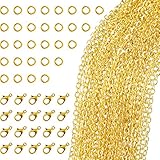 TecUnite 33 Feet Gold Plated Link Chain Necklace with 30 Jump Rings and 20 Lobster Clasps for Jewelry DIY Making (1.5 mm)
