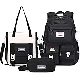 MUSEVOS Kawaii Girls Backpack for School with Convertible Shoulder Tote Bag，Cute Teenage Multiple Pockets Backpack for Primary Elementary High School, Black 3 Pcs Set