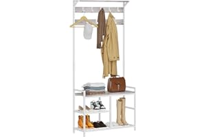 HOMEKOKO Coat Rack Shoe Bench, Hall Tree Entryway Storage Bench, Wood Look Accent Furniture with Metal Frame, 3-in-1 Design (