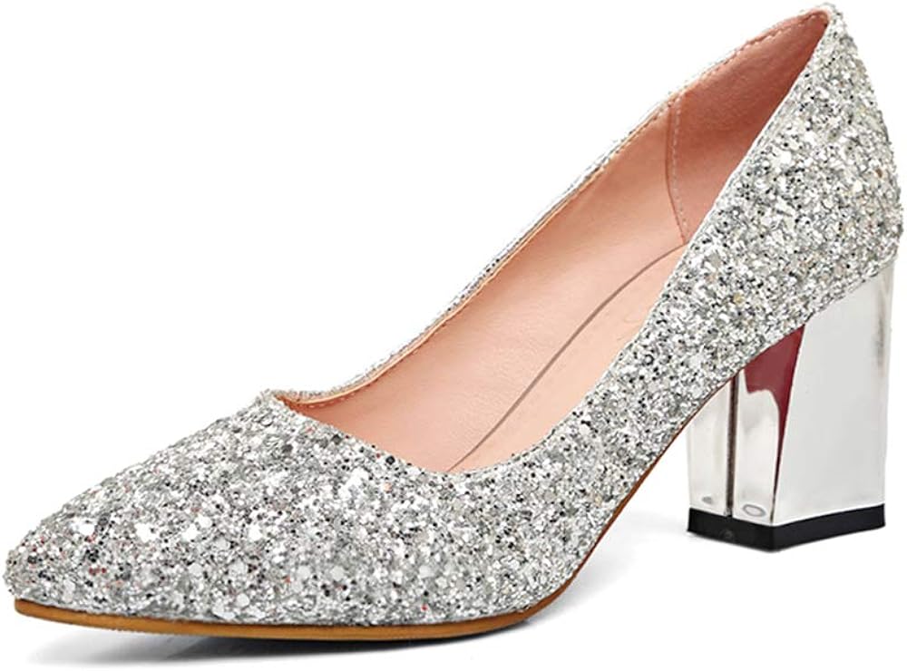 Women's Sparkling Glitter Chunky Heel Closed Toe Pumps Comfortable Mid