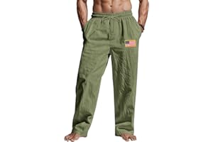 TAFLE Mens Linen Pants Elastic Waist Drawstring Summer Beach Yoga Pants Wide Leg Trousers with Flag Label