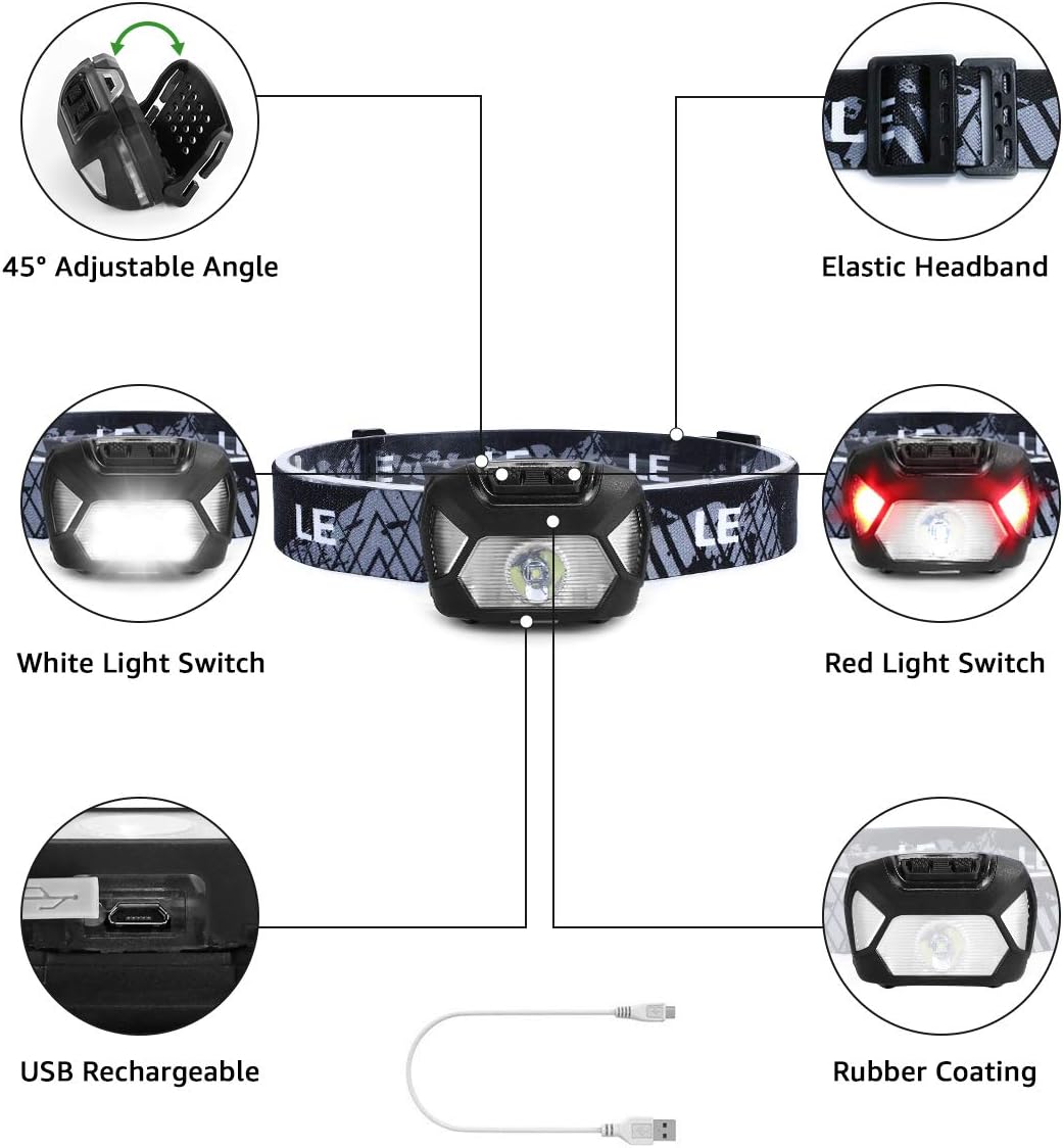 LED Headlamp Flashlights, Rechargeable Headlights with 6 Modes, Super Bright, Lightweight and Comfortable, Perfect for Adults and Kids Running, Camping, Hiking and More, Battery and USB Cable Included - - 