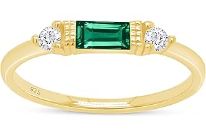 AFFY 925 Sterling Silver Baguette Cut Simulated Birthstone And White Cubic Zirconia Three Stone Design Bridal Engagement Wedding Ring Jewelry, Gift For Her